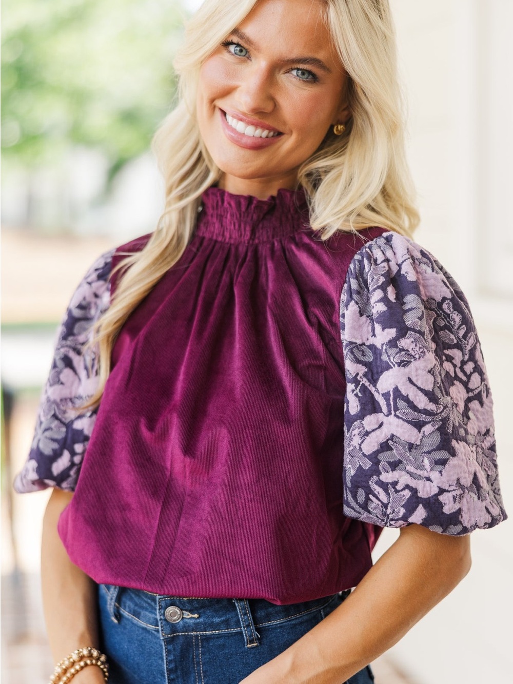 Voy Smocked Neck Puff Brocade Sleeve Blouse in Berry Purple size small
